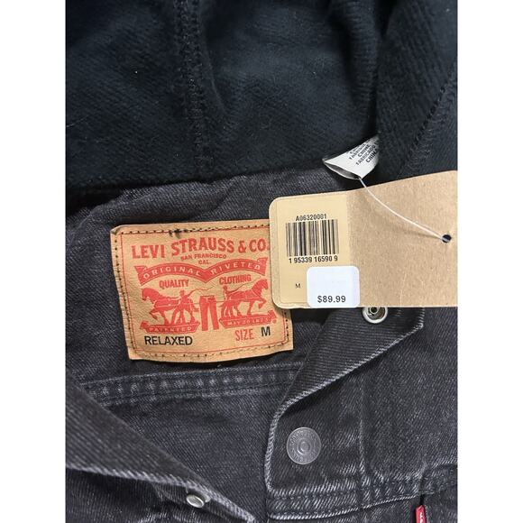 LEVIS Vintage Fit Hybrid Hooded Denim Trucker Hoodie Jean Jacket Black Men M - Picture 3 of 8